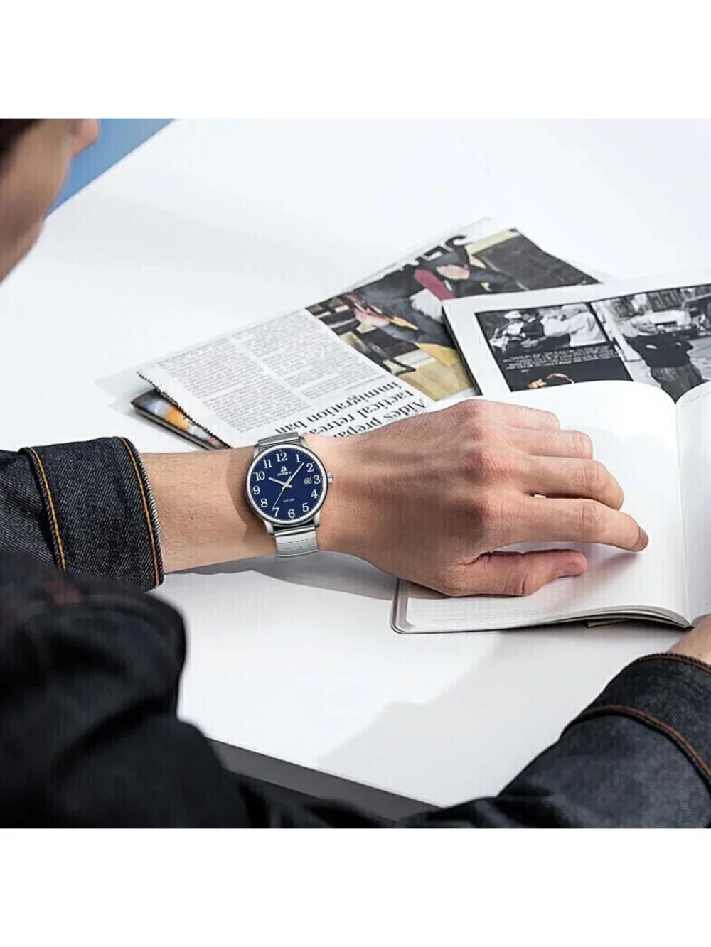 Men's Silver And Blue Analog Stainless Steel Easy Reader Waterproof Wrist Watch